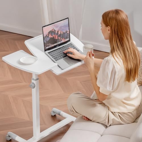 GTPLAYER Small Standing Desk, 28 Inches Tiltable Mobile Rolling Laptop PC Table with Lockable Casters, Adjustable Height Overbed Bedside Table Computer Workstation for Home Office, White-Tiltable - color: White-tiltable