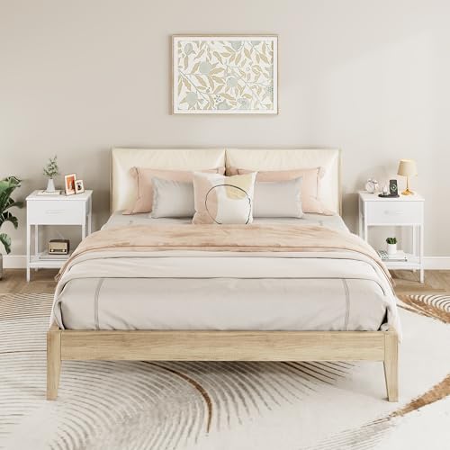 Vagusicc White Nightstand with Charging Station, End Table with Fabric Drawer, Small Side Table with 2-Tier Storage Shelves, 25.4" Tall Bedside Table, White Night Stand for Bedroom, Living Room, Dorm - color: White (1 Pack)