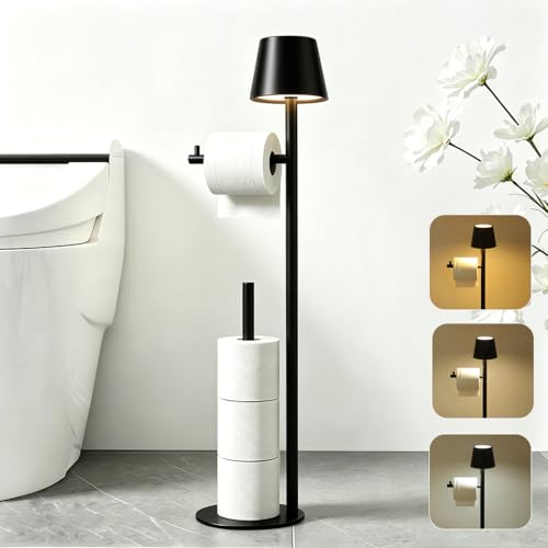 Black Toilet Paper Holder Stand with Storage, Free Standing Toilet Paper Holder for Bathroom, Toilet Paper Storage Stand with Wireless Lamp, Freestanding Toilet Paper Holder
