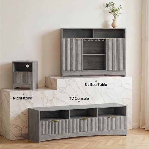 Marsail Fluted Nightstand Set of 2, Wooden Nightstands with Drawers, Modern Bedside Table with Charging Station and Storage, End Table with Storage Side Table for Bedroom, Grey - color: Grey