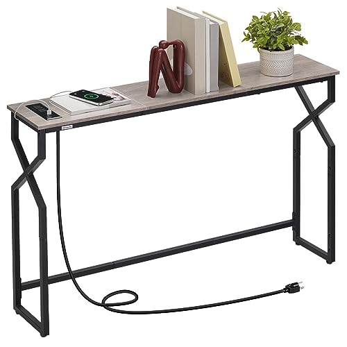 MAHANCRIS 44.9" Sofa Table, 9.4" Narrow Console Table with Charging Station, Couch Table Behind Sofa with Outlet, Entryway Table with Display Shelf, Living Room, Greige CTHG113E01 - color: Greige + Black
