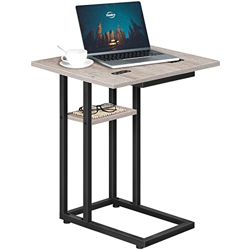 HOOBRO Foldable C Shaped End Table, C Shaped Side Table with Storage Shelf, Small Snack Table, Slide Under Couch Table for Sofa, Living Room Bedroom Small Spaces Easy Assembly, Greige BG29SF01 - color: Greige + Black