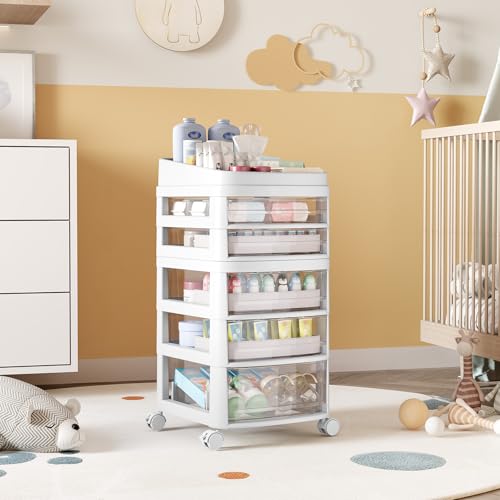 Rolling Cart with 5 Drawers, Clear Plastic Drawer Organizers, Dust Proof Under Desk Storage for Makeup, Skincare, Art Crafts and Baby Items, Acrylic Cosmetic Organizer with Dividers, Vanity Cart - size: 5 Tier