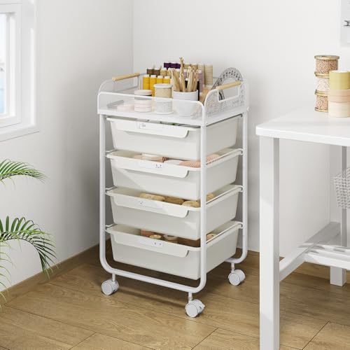 SYKIARIOL 4-Drawer Rolling Storage Cart with Mesh Top, Utility Craft Organizer Cart on Wheels with DIY Labels, Rolling Drawer Cart for Home Office Classroom Bedroom, White - color: White