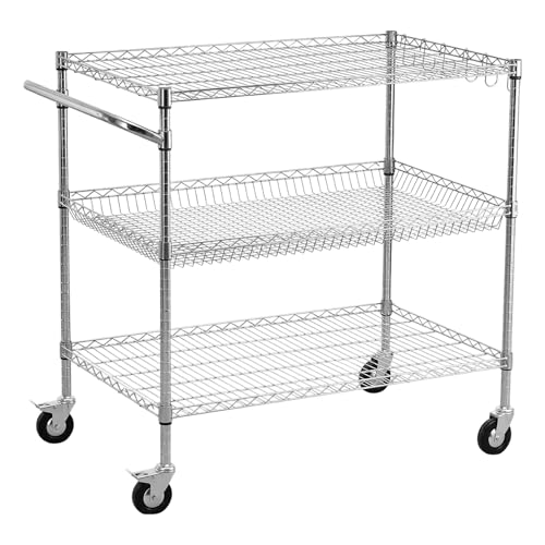 VEVOR Kitchen Utility Cart, 3 Tier Heavy Duty Adjustable Wire Storage Rack, Commercial Steel Rolling Service Trolley on Wheels, Work Table with Handle Bar, for Garage and Laundry Room, 40x25x40.9 in - size: 25"D x 40"W x 40.9"H