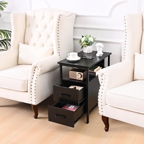 Livofloral Black Side Tables, End Table with Charging Station, Narrow End Table with 2 Wooden Drawers, USB Ports and Power Outlets, Slim Nightstand and Bedside Table, End Tables Living Room, Bedroom - color: Black
