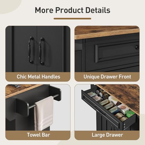 RALGEND Kitchen Island with Power Outlets & Drop Leaf, Rolling Kitchen Cart on Wheels, Kitchen Storage Island with Spice Rack and Drawer for Kitchen, Dinning Room, Black and Rustic Brown - color: Black + Rustic Brown