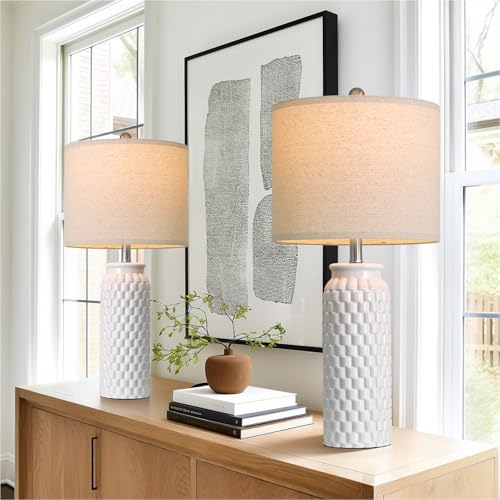 USumkky 27" Ceramic Table Lamps Set of 2 - Modern Farmhouse & Boho Style, Bedside Nightstand Lamps for Bedroom, Living Room End Table Lamps, Small Desk Lamp(White) - color: 27" White-2 Pack