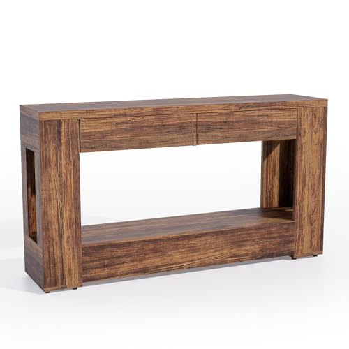 Farmhouse Entryway Table with Storage Drawers and LED Lighting, 55 Inch Long Narrow Console Sofa Table for Hallway Table Entrance Living Room, Rustic Brown