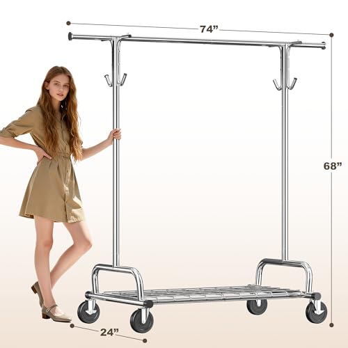 Raybee Heavy Duty Clothes Rack Rolling Garment Rack with Extra Hanging Hook | Expandable, Height Adjustable, Tool-free Assembly, 360° Lockable Wheels, Rolling Clothing Rack for Bedroom Laundry Room - color: Chrome, style: Mesh Shelf