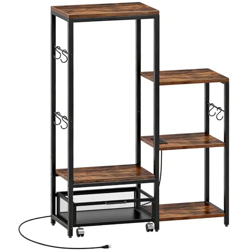 HOOBRO Mini Fridge Stand with Storage, Microwave Stand with Movable Basket, 3-Tiers Coffee Bar Station, Bakers Rack with Power Outlet, for Kitchen, Dorm, Office, Rustic Brown and Black BF38UHB01