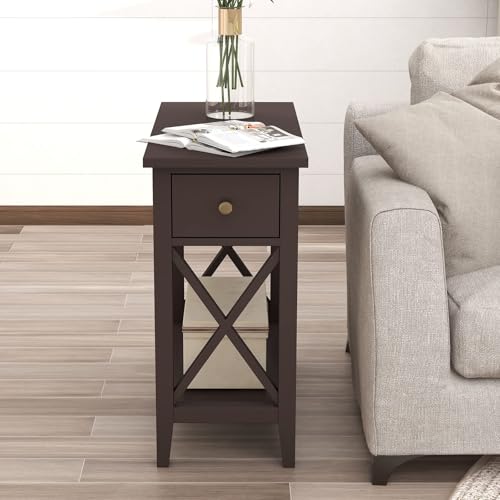 ChooChoo End Table, Flip Top Narrow End Table with Drawer, Set of 2 | Narrow Side Table with Flip Top, Accent Small Side Table Nightstand for Living Room, Bedroom, and Small Spaces, Espresso - color: Espresso, size: 2 Pack, style: Without Power
