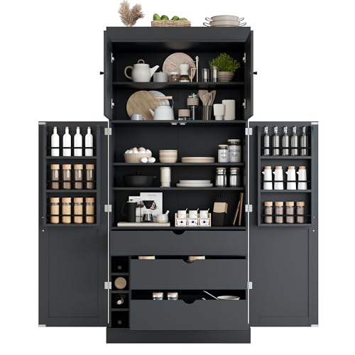 Merax 77'' Tall Freestanding Kitchen Pantry, 35''Lx17.7''W Modern Shaker Style Cupboard Storage Cabinet with Adjustable Shelves,Door Shelves, Drawers and Wine Racks,Grey - color: Grey