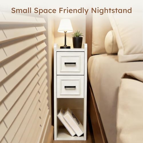 Narrow Nightstand Set of 2, Modern White Bedside Table with Drawers & Open Shelf, Modern End Table for Bedroom Small Spaces, Apartments, Renters - color: Narrow White