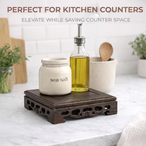 Wooden Display Square Stand Base 5.5"×5.5" – Wood Plant Stand, Pedestal Stand, Tabletop Plant Stand, Risers Display Stands, Oriental Style, Carved Base, Candle Stand