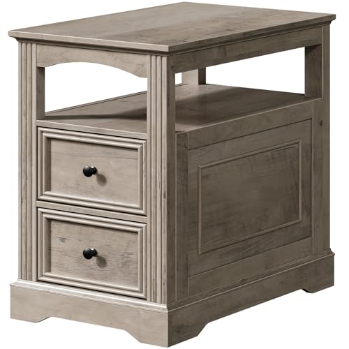 Farmhouse End Table with 2 Drawers, Narrow Sofa Side Table with Storage and Open Shelf, Wooden Nightstand for Small Spaces, Bedroom, Living Room, Greige - color: Greige