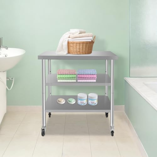 30x18x35in 3-Tier Stainless Steel Work Table with Casters & Foot Pads, Adjustable Shelves, 370 lbs Load Capacity, Heavy Duty Utility Cart for Kitchen, Warehouse, Home Organization - size: 30x18x35 Inches
