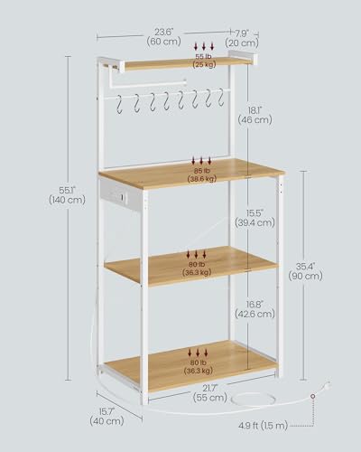 VASAGLE BARNET Collection - Kitchen Bakers Rack with Power Outlet, 23.6-Inch Wide Coffee Bar 4-Tier with 8 S Hooks, Modern Microwave Stand, Adjustable Shelf, Golden Oak and Cloud White UKKS014Y01V1 - color: Golden Oak + Cloud White, size: 23.6"W