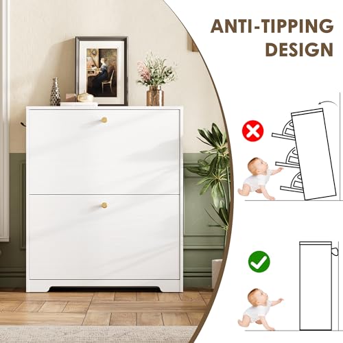 Nicetree Shoe Cabinet with 2 Flip Drawers, Narrow Shoe Organizer Cabinet, Freestanding Shoe Rack Cabinet, Modern Shoe Storage Cabinet for Entryway, Hallway, Foyer, White - color: White, style: 2-Drawers
