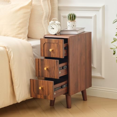 Narrow Nightstands with 3 Drawers, Wooden Farmhouse Bedside Tables, Slim End Tables with Storage, Small Night Stand for Bedroom, Living Room, Small Spaces - color: 3drawers-walnut-1pcs
