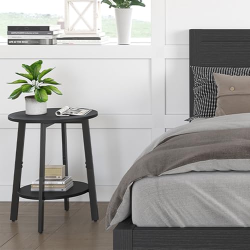 sthmec Side Table, Small Round End Table with Storage Shelf for Small Space, 2-Tier Black Bedside Table Sofa Couch Table, Round Accent Table Nighstands for Living Room, Bedroom, Black - color: Black