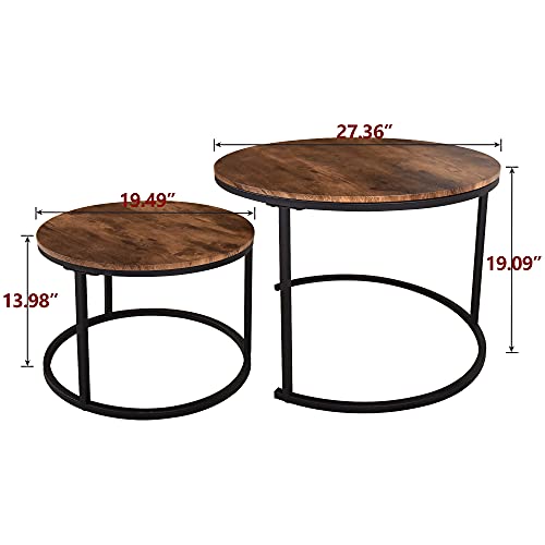 HOJINLINERO Round Coffee Table,Nesting Coffee Table Set of 2,Rustic Brown | Center Table for Living Room,Small Apartment,Small Space,Stacking Side Tables,Wood Tabletop,Sturdy and Easy Assembly,Large - color: Brown, size: Large