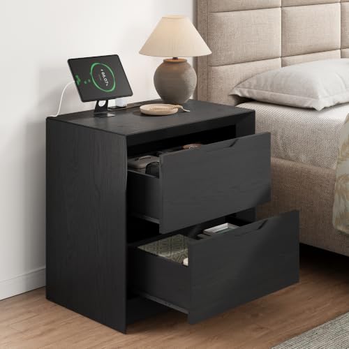 YANSNWO Black Nightstand with Charging Station, 23.6" Modern Bedside Table with Thickened Frame & Unique Panel, Mid Century Wood End Table for Bedroom, Living Room - color: Black, size: 15.6"D x 23.6"W x 23.6"H (2 Drawers)