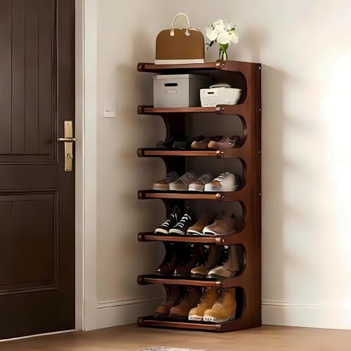 7-Tier Vertical Shoe Rack, Bamboo Free Standing Shoe Rack Shelf, Shoe Storage Stand, Entryway Shoe Tower, Vertical Shoe Organizer for Narrow Closet, Entryway, Hallway - color: Walnut Brown