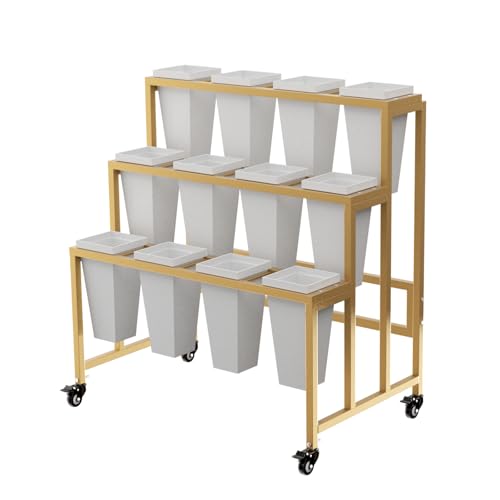 Flower Display Stand with 12 Buckets, 3 Layers Flower Bar, Gold Metal Plant Stand with Wheels, Heavy Duty Flower Cart for Indoor Outdoor Patio Garden Wedding Florist, Gold Metal Frame