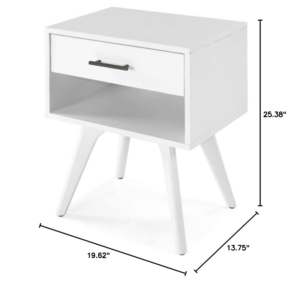 Mid Century Modern One Drawer Nightstand/Constructed of Solid Wood/White Finish - color: White