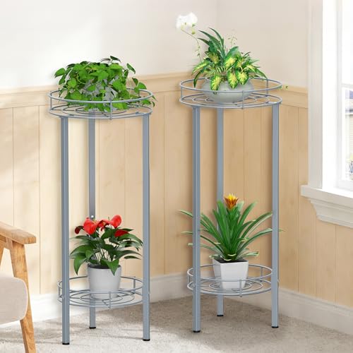 Sunexinlo Plant Stand Indoor 28in Tall,2 Pack Metal Planter Stand,2-Tier Decorative Round Flower Pot Table for Garden,Patio,Living Room,Corner,Office(Sliver)