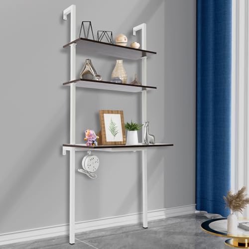2-Shelf Industrial Wall Mount Ladder, Wall Mount Computer or Writing Desk, Computer Laptop Desk with Shelves, Floating Desk with Storage, Wall Table for Home Office, White (20"x30"x72.5") - color: White/ Brown