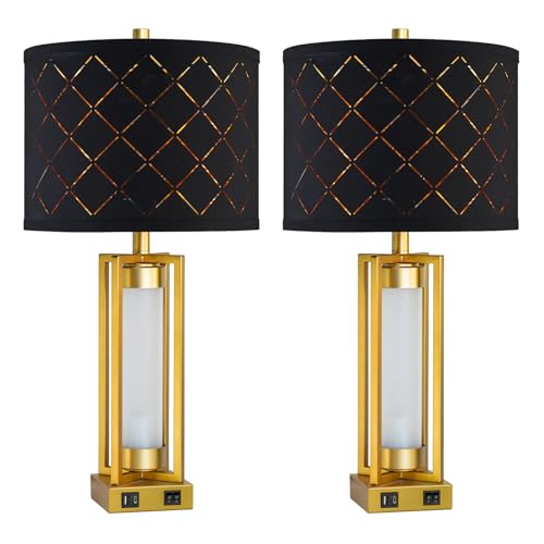 Set of 2 Modern Table Lamps for Living Room Bedroom with USB C+A | Rustic Nightstand Lamps with White Night Light, Black Grid Shade, Desk Lamps for Bedside End Tables, 4 Bulbs Included (Gold) - color: Gold