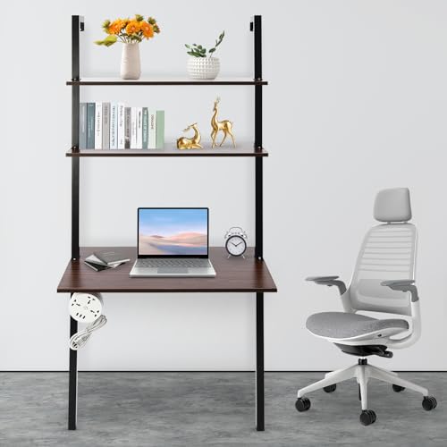 2-Shelf Industrial Wall Mount Ladder,Wall Mount Computer or Writing Desk, Computer Laptop Desk with Shelves,Floating Desk with Storage, Wall Table for Home Office, Black (20" Dx30 Wx72.5 H) - color: Black/ Brown (30"w)