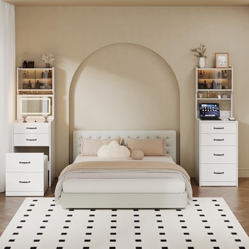 Garvee 3 in 1 Vanity Desk with 3 Color LED, Compact Makeup Vanity Set with 2 AC Outlets & USB, Dressing Table with Drawers & Acrylic Doors, Nightstand Vanity Mirror, Jewelry Box, Hidden Chair, White - color: White