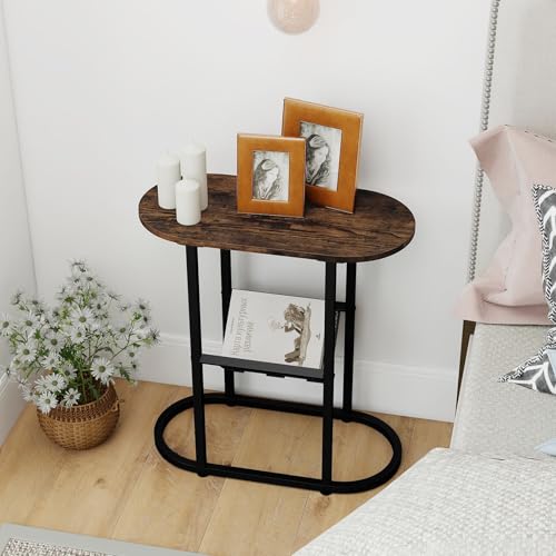 Tangkula Oval Narrow Side Table, 2-Tier End Table w/Mesh Magazine Rack, Steel Frame, Industrial Nightstand, Compact Sofa Bedside Table for Living Room Bedroom, Rustic Brown & Black - color: Rustic Brown & Black
