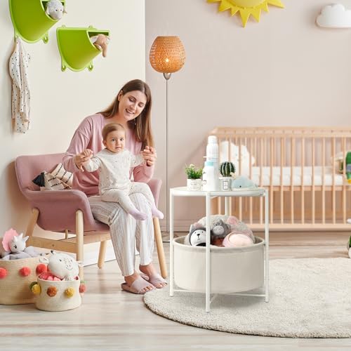 danpinera Round Side Table with Storage Basket, Nightstand Coffee Table | Metal Small Stand for Small Space, Living Room, Bedroom, Nursery Room, Modern Nightstand with Serving Tray, White - color: White