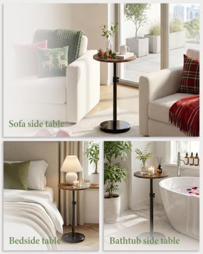 Adjustable Drink Table Marble Base, Small Round Side Table, Pedestal Side Table for Small Spaces in Living Room, Bedroom, Sofa Couch, Brown & Black