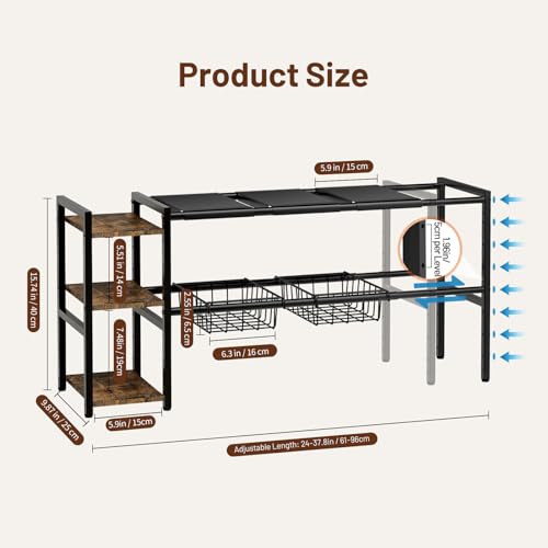 Housolution Expandable Under Sink Cabinet Organizer Rack and Storage Shelf | 24"-37.8" Expandable Length, 3-Tier Side Wooden Shelves, Height Adjustable for Kitchen Bathroom
