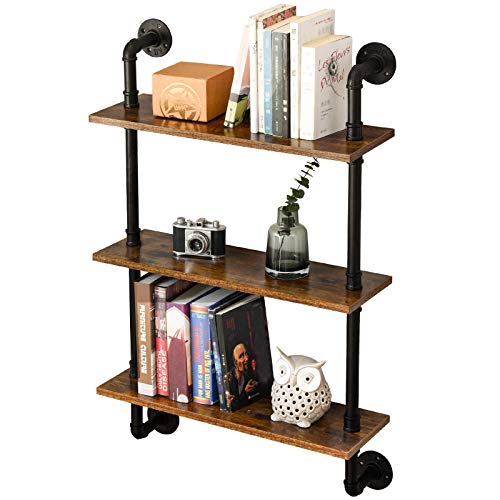 IBUYKE 3-Tiers Industrial Pipe Shelves, Pipe Floating Shelves RF-TM003 | Rustic Wall Mount Bookcase,Metal Bracket Storage Wall Shelf for Bedroom, Kitchen - size: 3 Tier