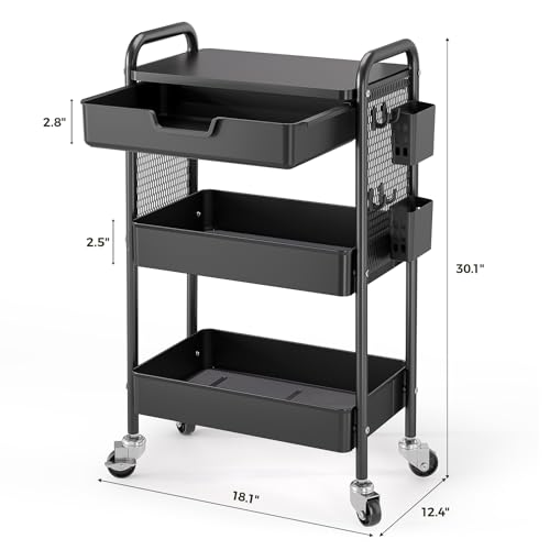 KINGBOARD 3 Tier Metal Rolling Cart with Drawer, Black Utility Storage Cart | 2 Cups & 4 Hooks, Lockable Wheels, Trolley Organizer for Bathroom, Kitchen, Office, Nursery, Dorm, Laundry, Craft Room