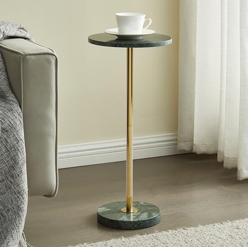 Premium Small Round Natural Marble Stone Pedestal Side Table, End Table, Mini Drink Table with Upgraded Weighted Marble Base, for Livingroom, Bedroom, Bathroom, Balcony, Small Spaces (Emerald Green)