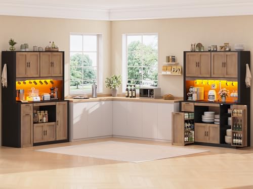 Itaar 71" Pantry Cabinet with Charging Station and LED Light, Kitchen Pantry Cabinet with Microwave Stand, 47.2" Wide Kitchen Storage Cabinets with Storage Cart 3 Tier for Dining Room,Brown - color: Brown