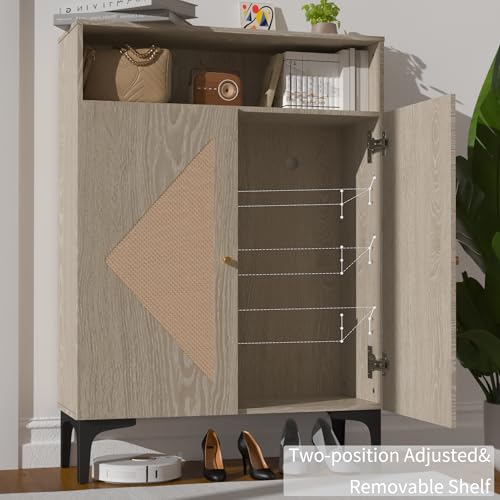 Shoe Cabinet Storage for entryway, Rattan Shoe Cabinet with Double Doors, 3 Adjustable Shelves, Slim Modern Shoe Organizer Cabinet with Open top Shelf and Metal Legs