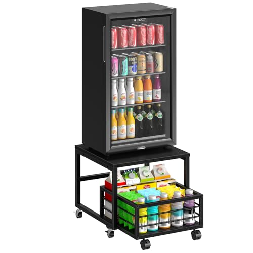 HOOBRO End Table, Mini Fridge Stand with Storage, Mini Fridge Table with Wheels and Adjustable Feet, Sturdy Metal Frame, for Living Room, Bedroom, Office, Black BB155TL01 - color: Black