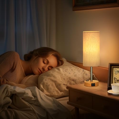 Small Touch Table Lamps Set of 2-3-Way Dimmable, USB A + C Charging, AC Outlet, Wood Grain Base, Bulbs Included - color: Cream - Wood Grain 2, size: 14" Touch Control