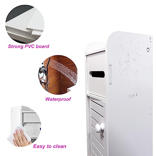 Small Bathroom Storage Cabinet, Over The Toilet Storage Cabinet for Skinny Bathroom Floor, Slim Toilet Paper Storage with Double Doors & Shelves - White