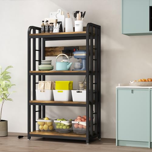 SIREDEEP Bakers Rack with Power Outlet ,4-Tier Kitchen Baker's Rack,Microwave Stand with Storage Suitable for Kitchen, Living Room, Dinning Room,Coffee Bar(Rustic Brown) - color: Rustic Brown