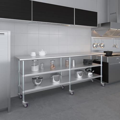 AmGood Stainless Steel Work Table with 2 Shelves and Casters | Metal Utility Table On Wheels (Stainless Steel, 96" Long x 24" Deep) - size: 96" Long x 24" Deep