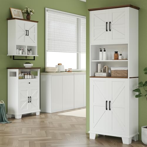 Hawkrown Farmhouse Bathroom Storage Cabinet with Drawer & Adjustable Shelves, White 23.6" Wide Freestanding Floor Cabinet, Barn Door, Sturdy Wood, for Kitchen, Entryway (23.6 * 11.8 * 39.3" (Floor))